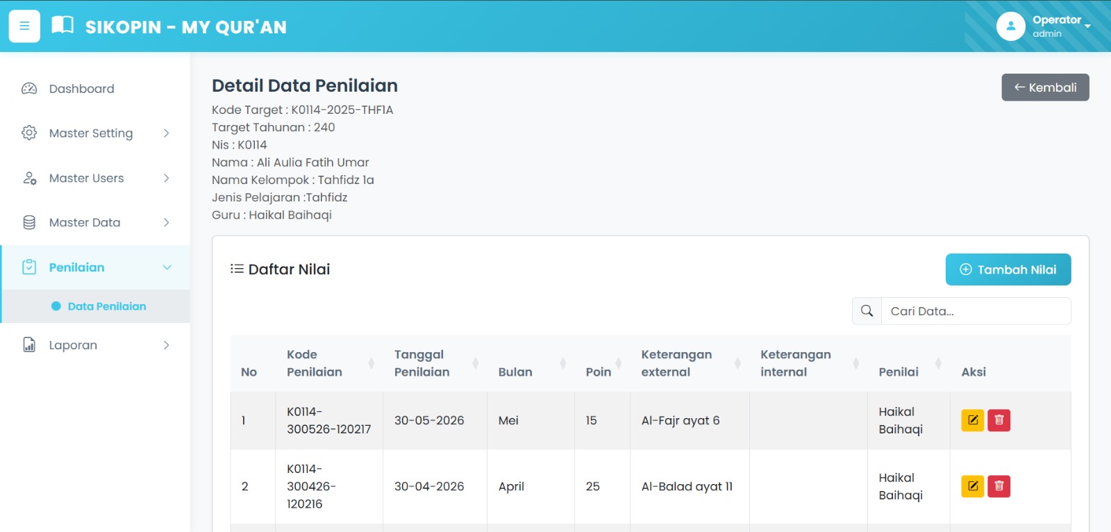 Screenshot penilaian Modul Akademik SIKOPIN