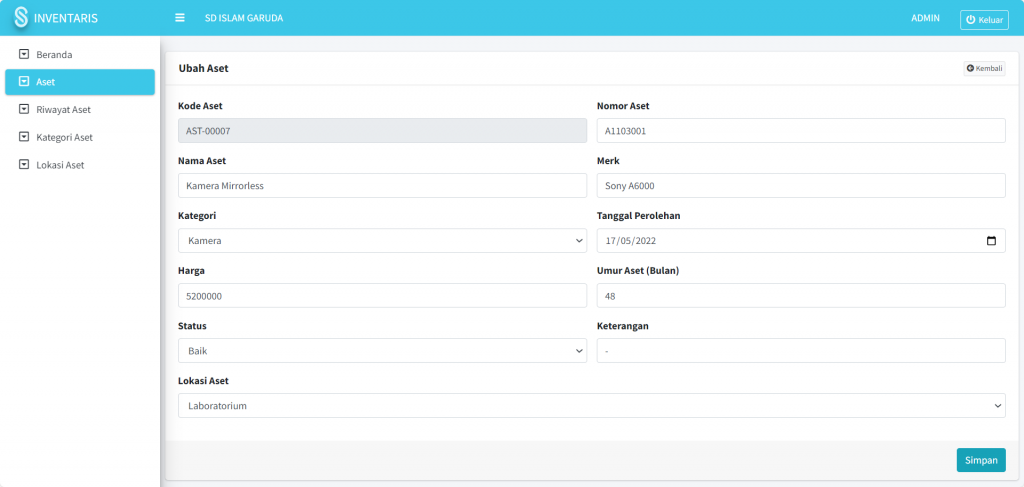 Screenshot tambah aset Modul Inventaris SIKOPIN