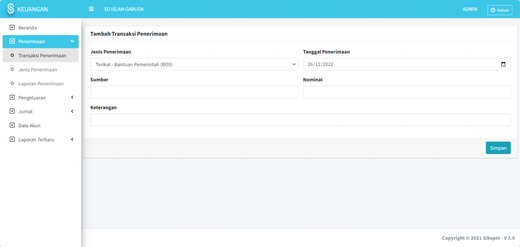 Screenshot transaksi penerimaan Modul Keuangan SIKOPIN