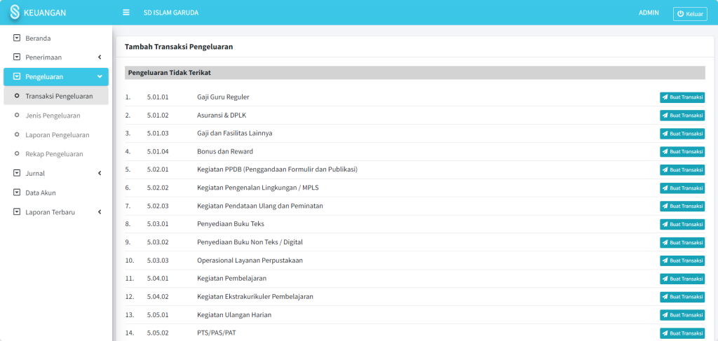 Screenshot transaksi pengeluaran Modul Keuangan SIKOPIN