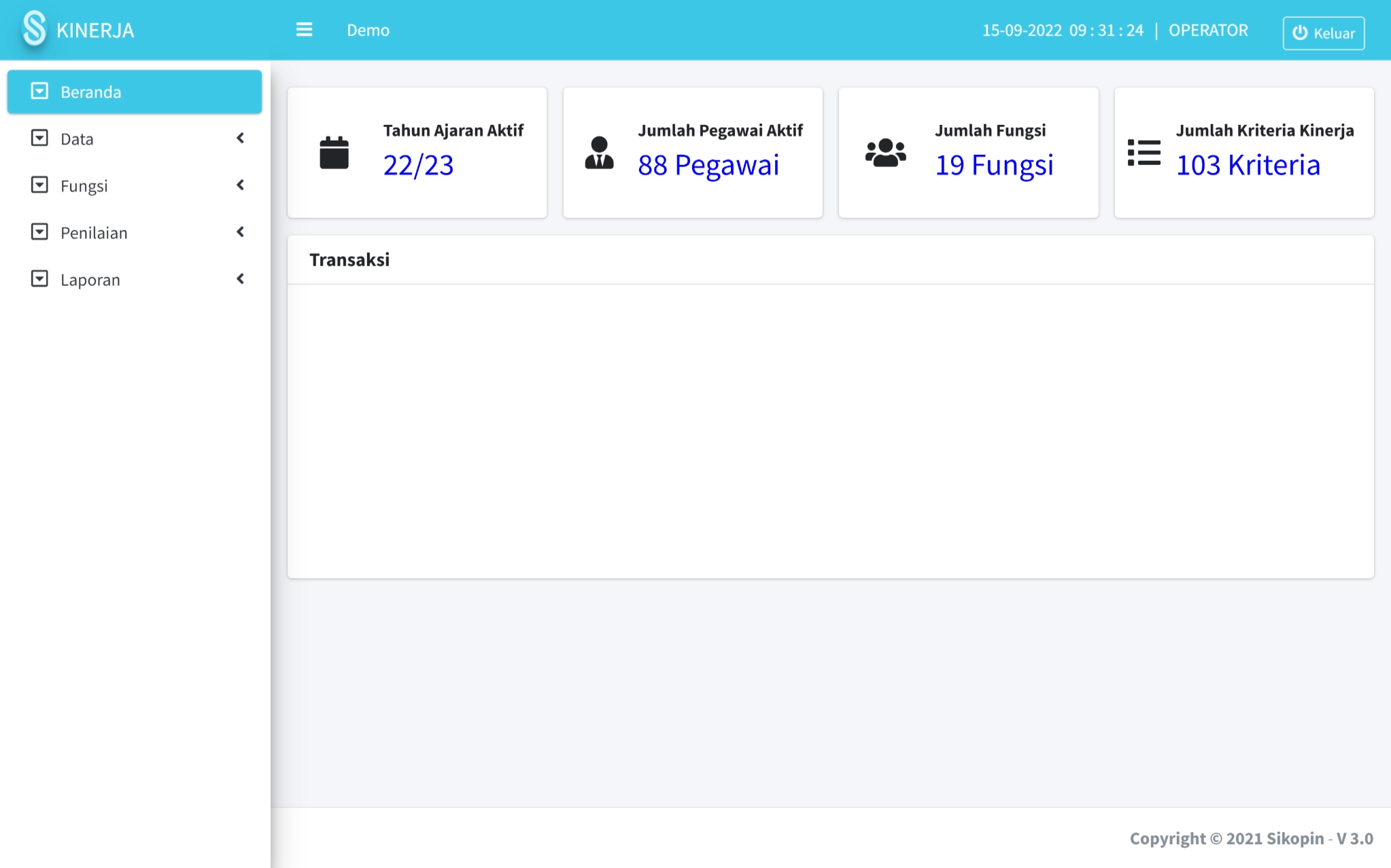 Screenshot beranda Modul Kinerja SIKOPIN