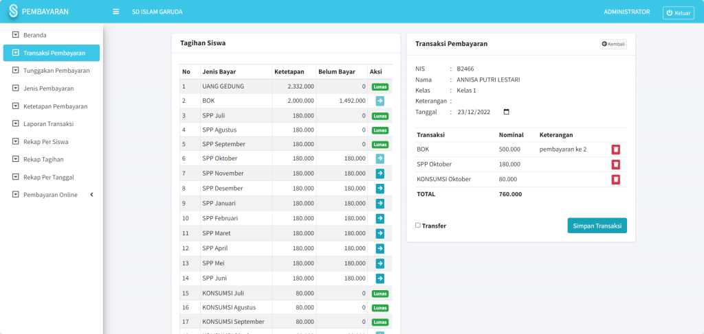 Screenshot transaksi Modul Pembayaran SIKOPIN