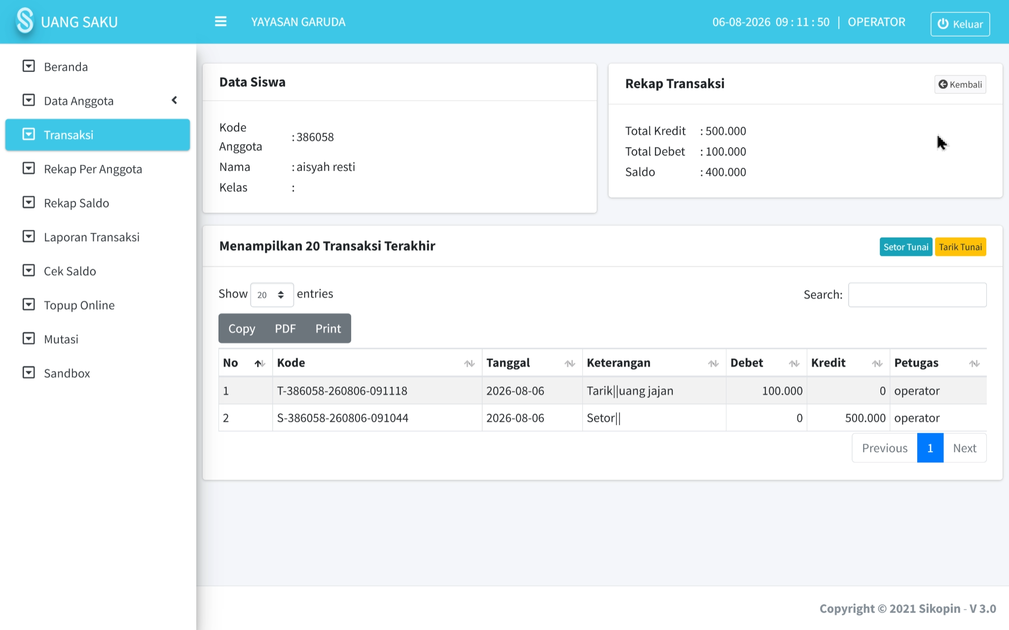 Screenshot transaksi Modul Smartcard SIKOPIN