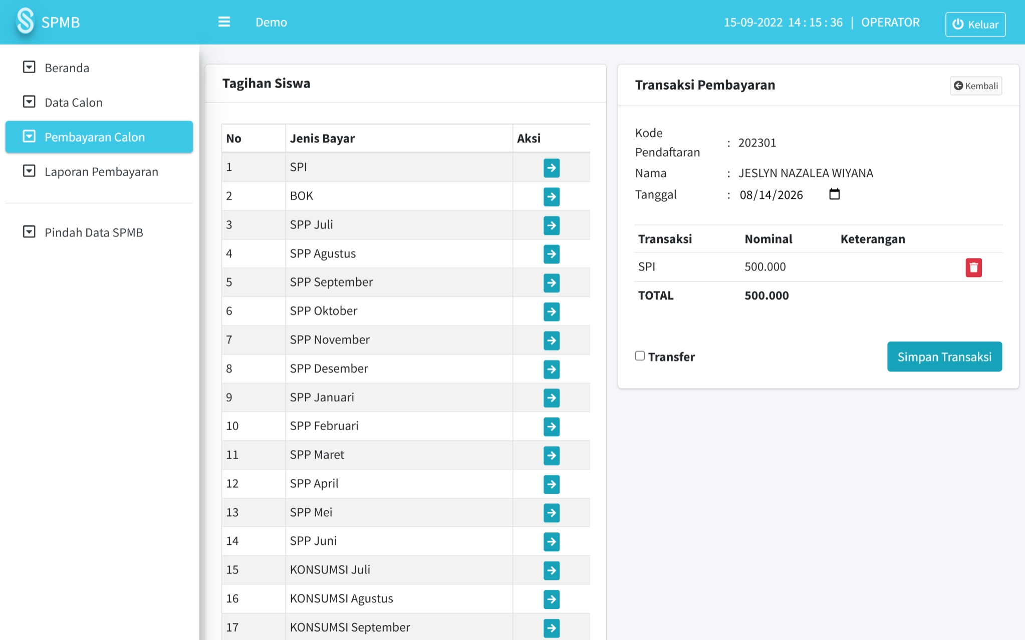 Screenshot pembayaran Modul Keuangan SIKOPIN