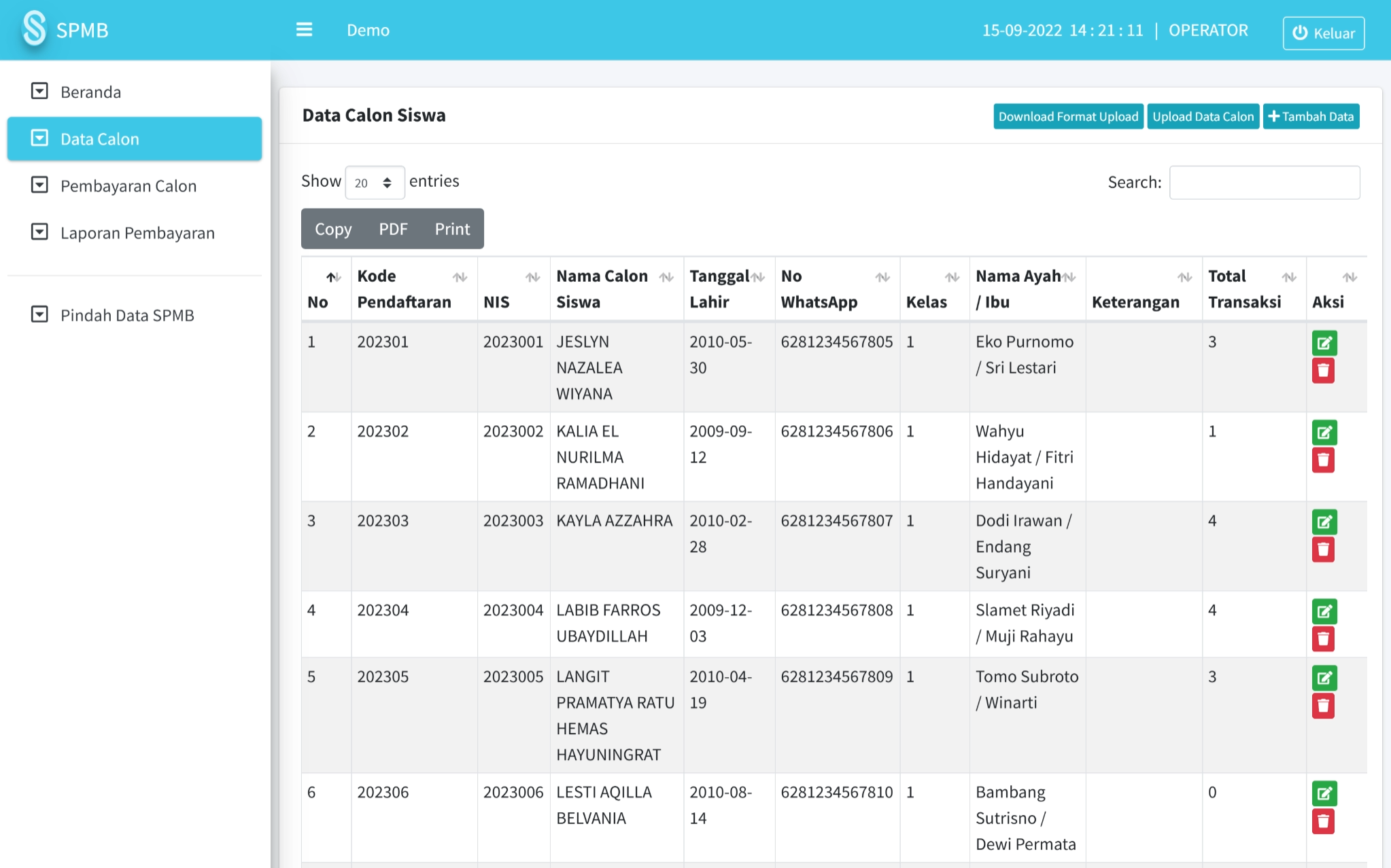 Screenshot data calon Modul spmb SIKOPIN