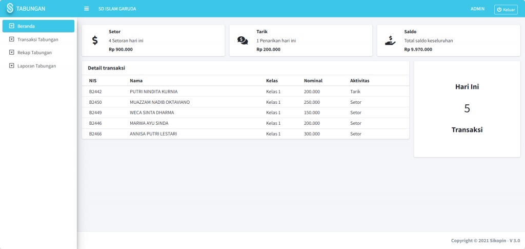 Screenshot beranda Modul Tabungan SIKOPIN