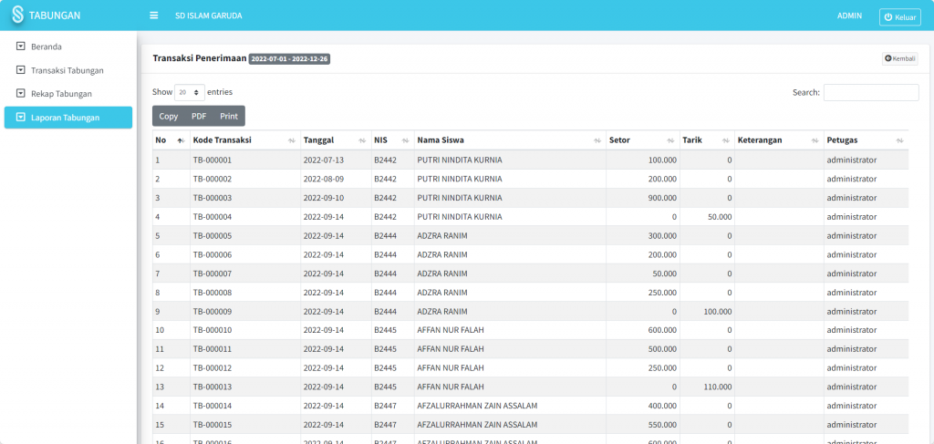 Screenshot laporan Modul Tabungan SIKOPIN