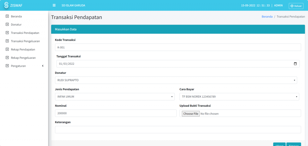 Screenshot input pendapatan Modul ZISWAF SIKOPIN