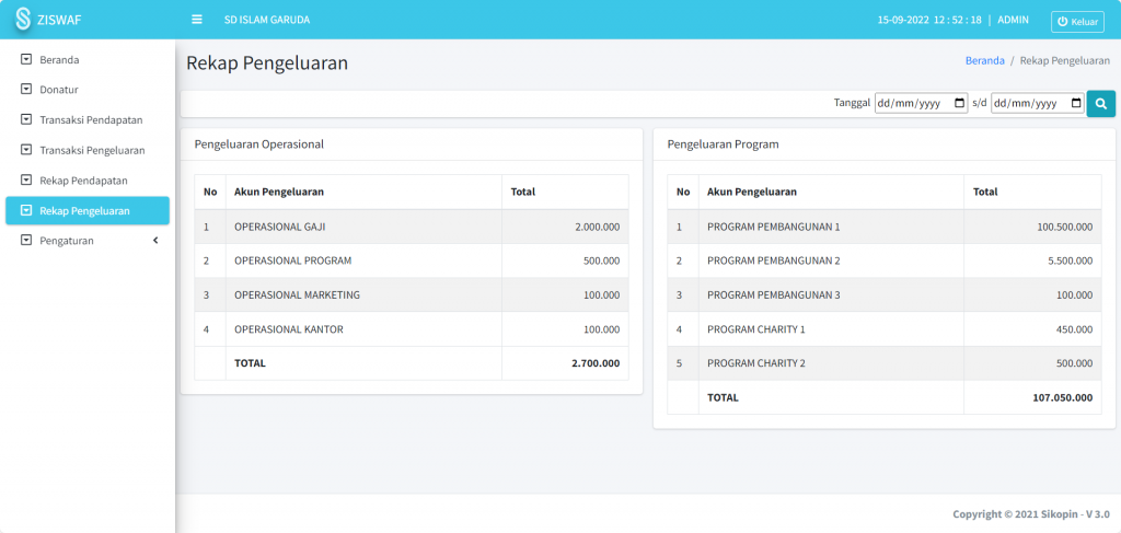 Screenshot rekap pengeluaran Modul ZISWAF SIKOPIN